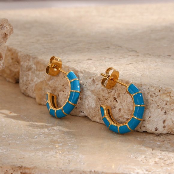 Blue Enamel Bamboo C Shape Hoop Huggie Earrings 18K Gold Plated Stainless - Picture 3 of 7